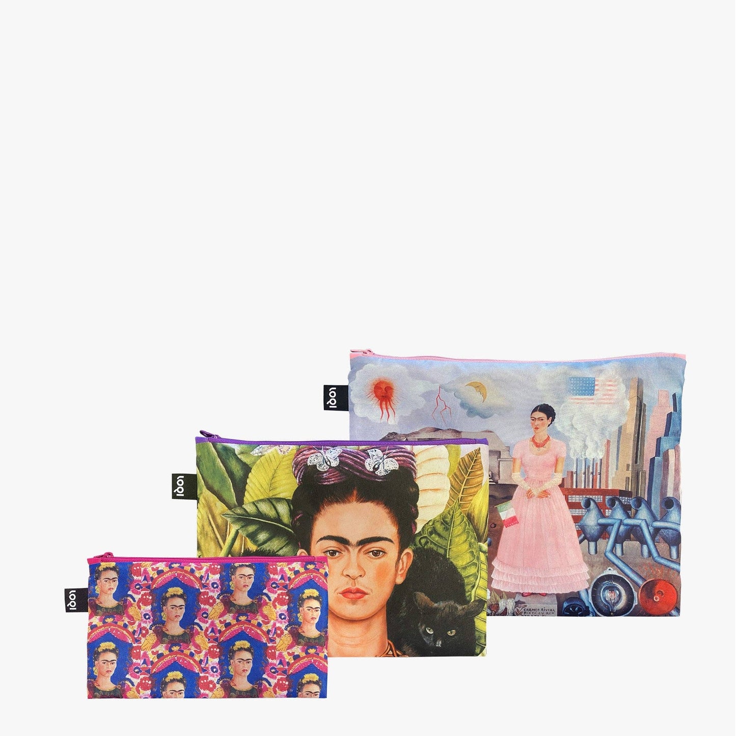 FRIDA KAHLO Autorretrato en la frontera, Autorretrato con colibrí, El marco bolsillos reciclados con cremallera