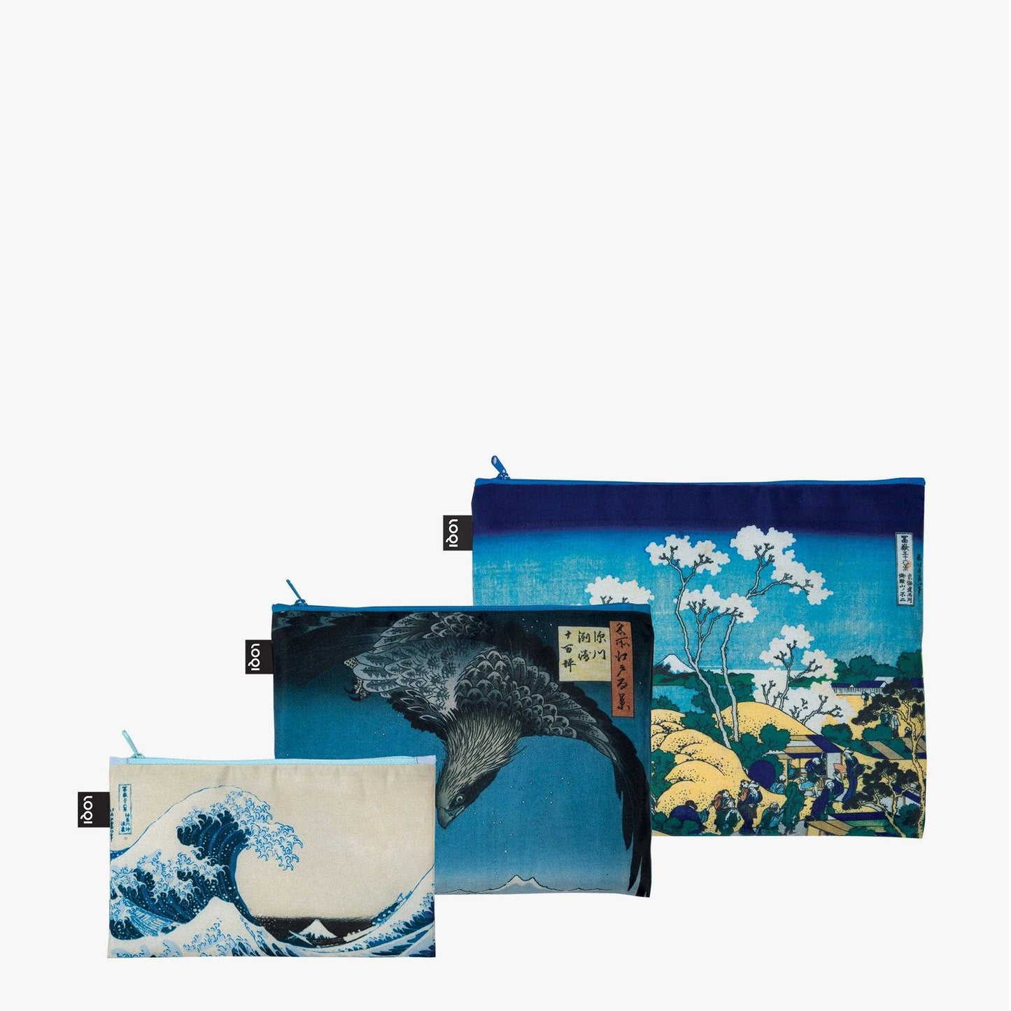 Recycled bag set with HOKUSAI/HIROSHIGE zipper